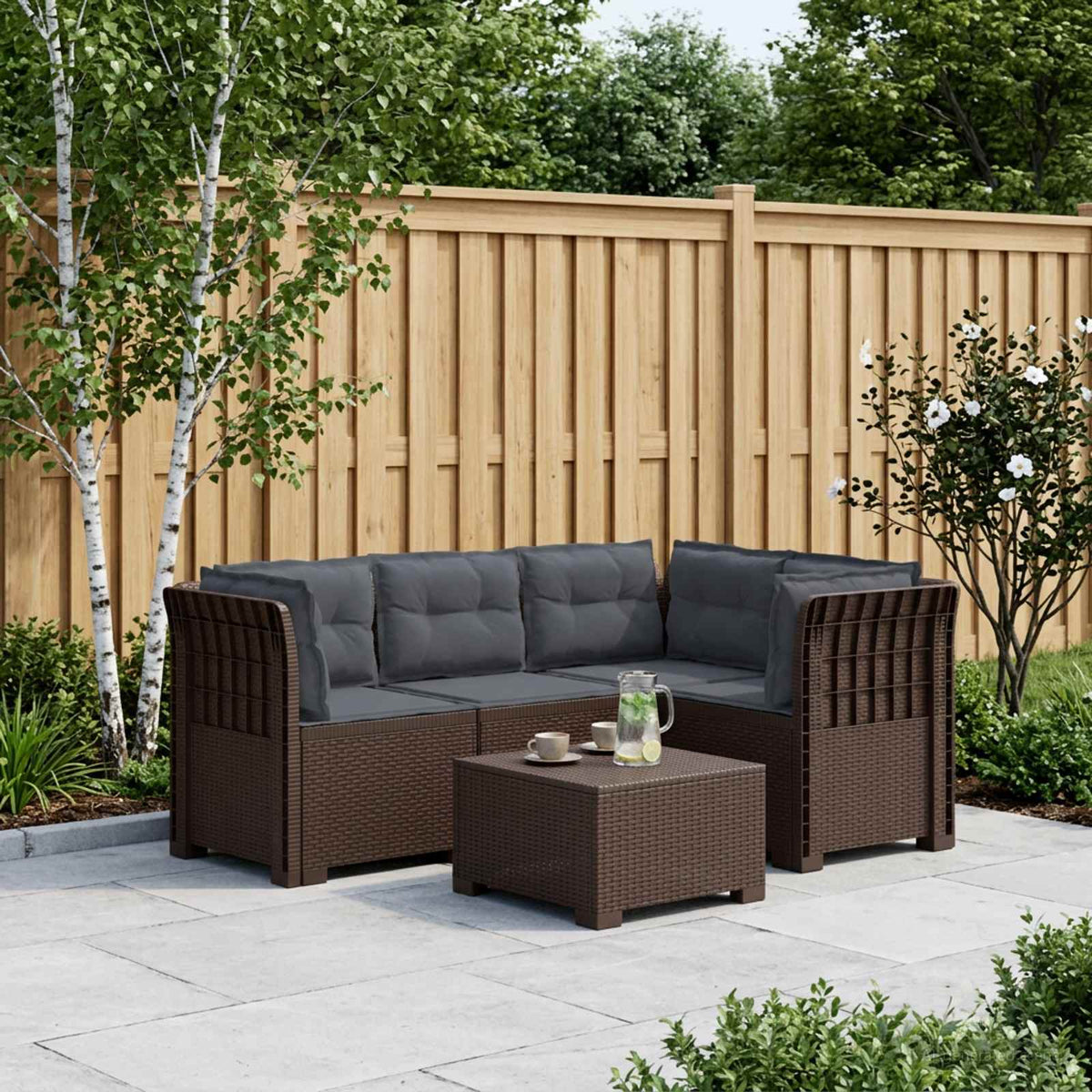 4-Seater Garden Sofa with Cushions Rattan Look PP Brown with seat and back cushion Brown and light grey