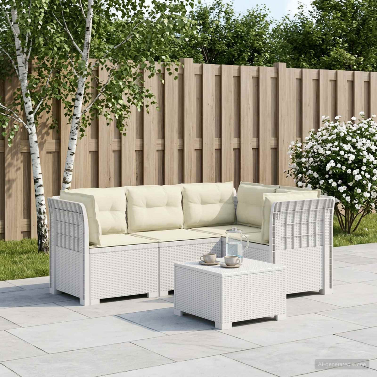 4-Seater Garden Sofa with Cushions Rattan Look PP Brown with seat and back cushion White and cream