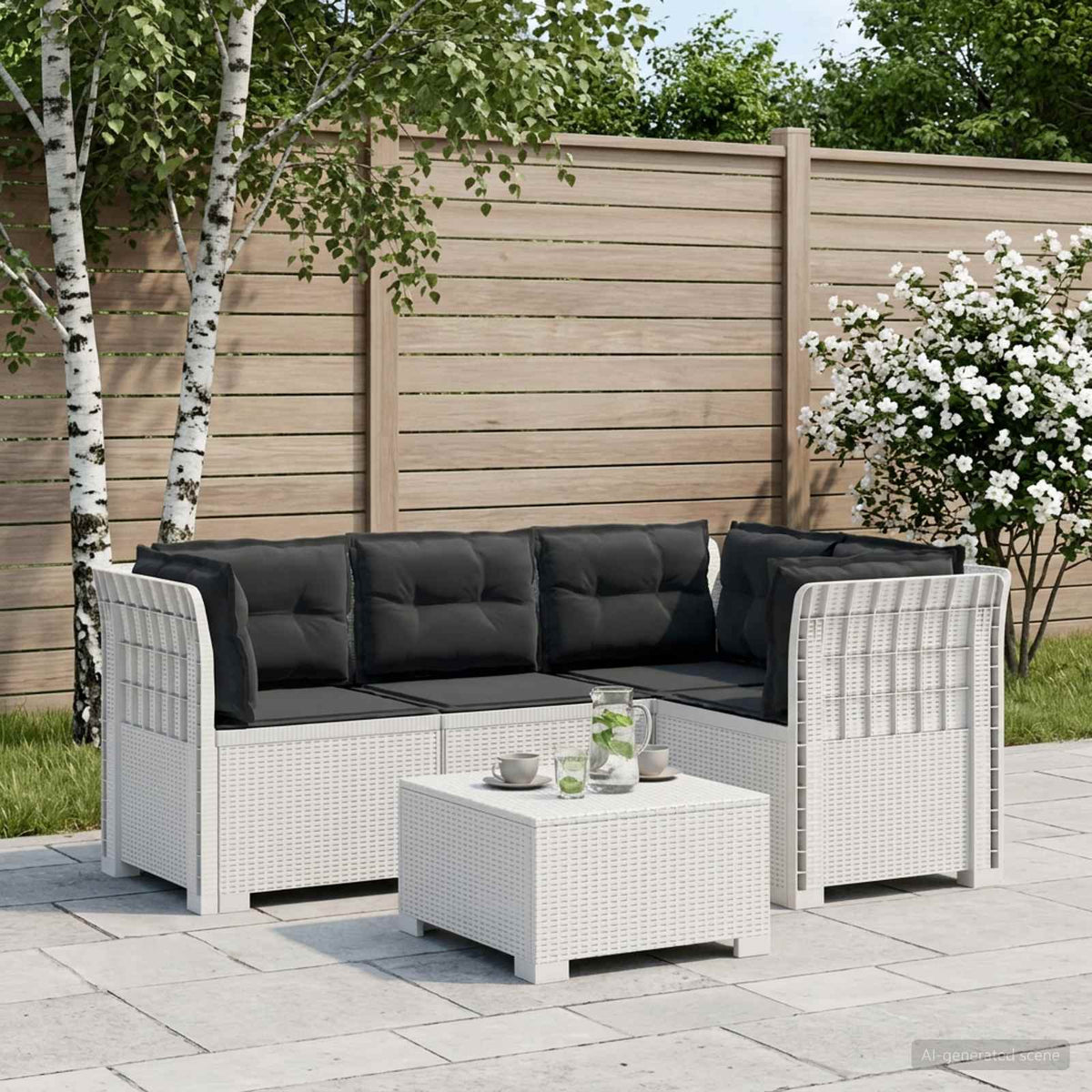 vidaXL 4-Seater Garden Sofa with Cushions Rattan Look PP White 1