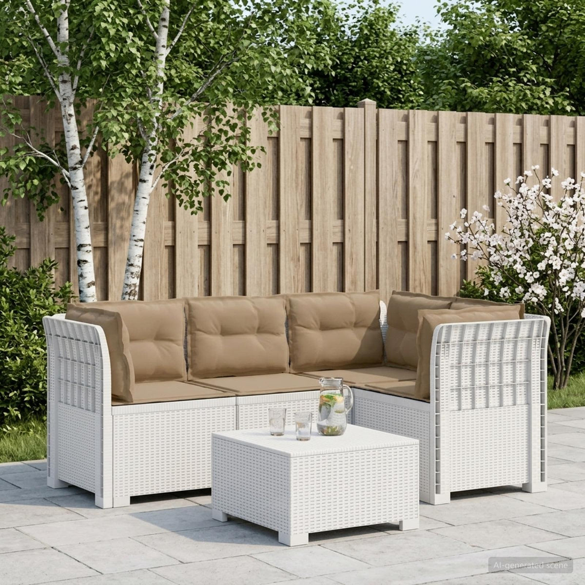 vidaXL 4-Seater Garden Sofa with Cushions Rattan Look PP White 1
