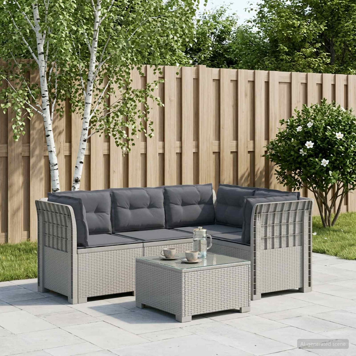 vidaXL 4-Seater Garden Sofa with Cushions Rattan Look PP White 1