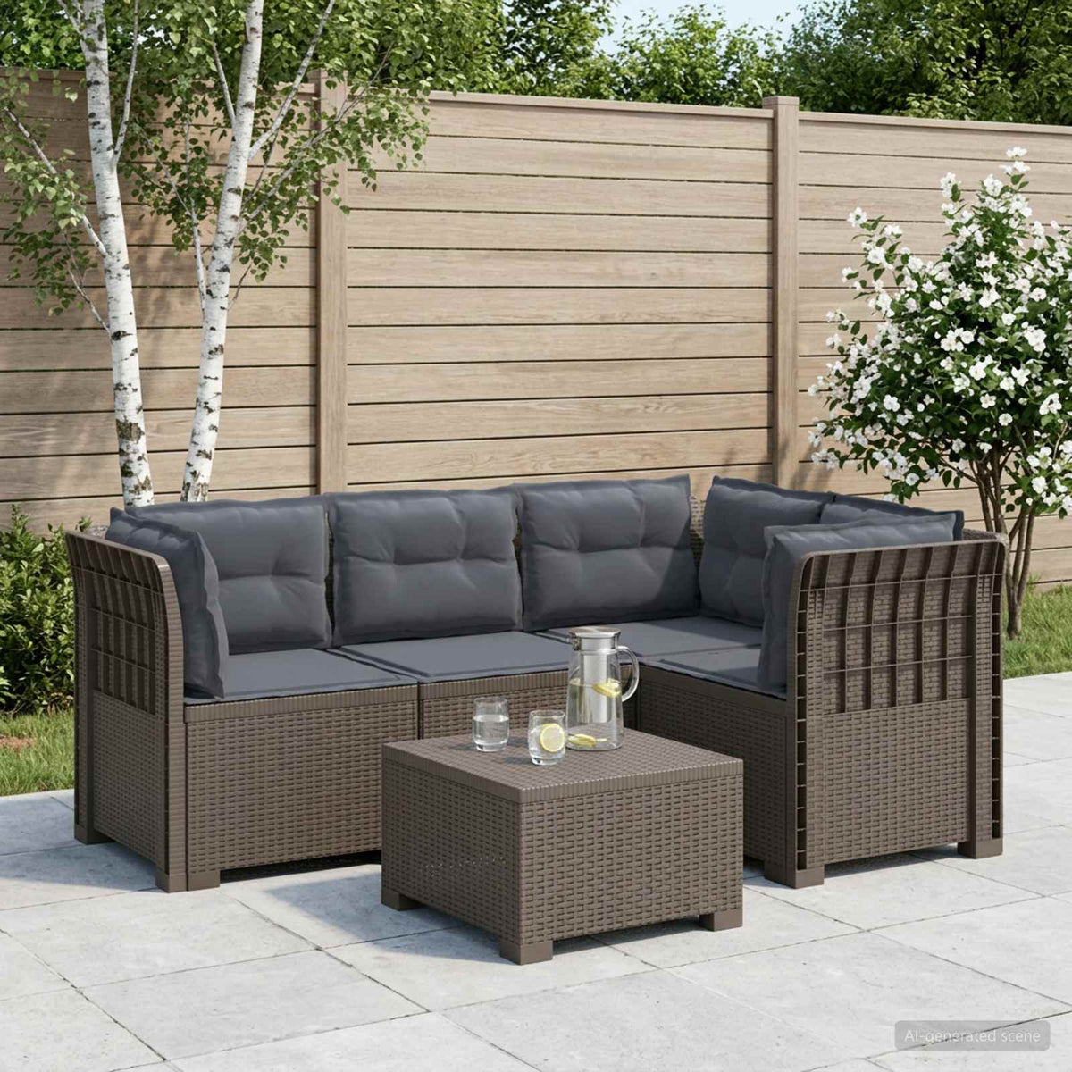 4-Seater Garden Sofa with Cushions Rattan Look PP Brown with seat and back cushion Light grey