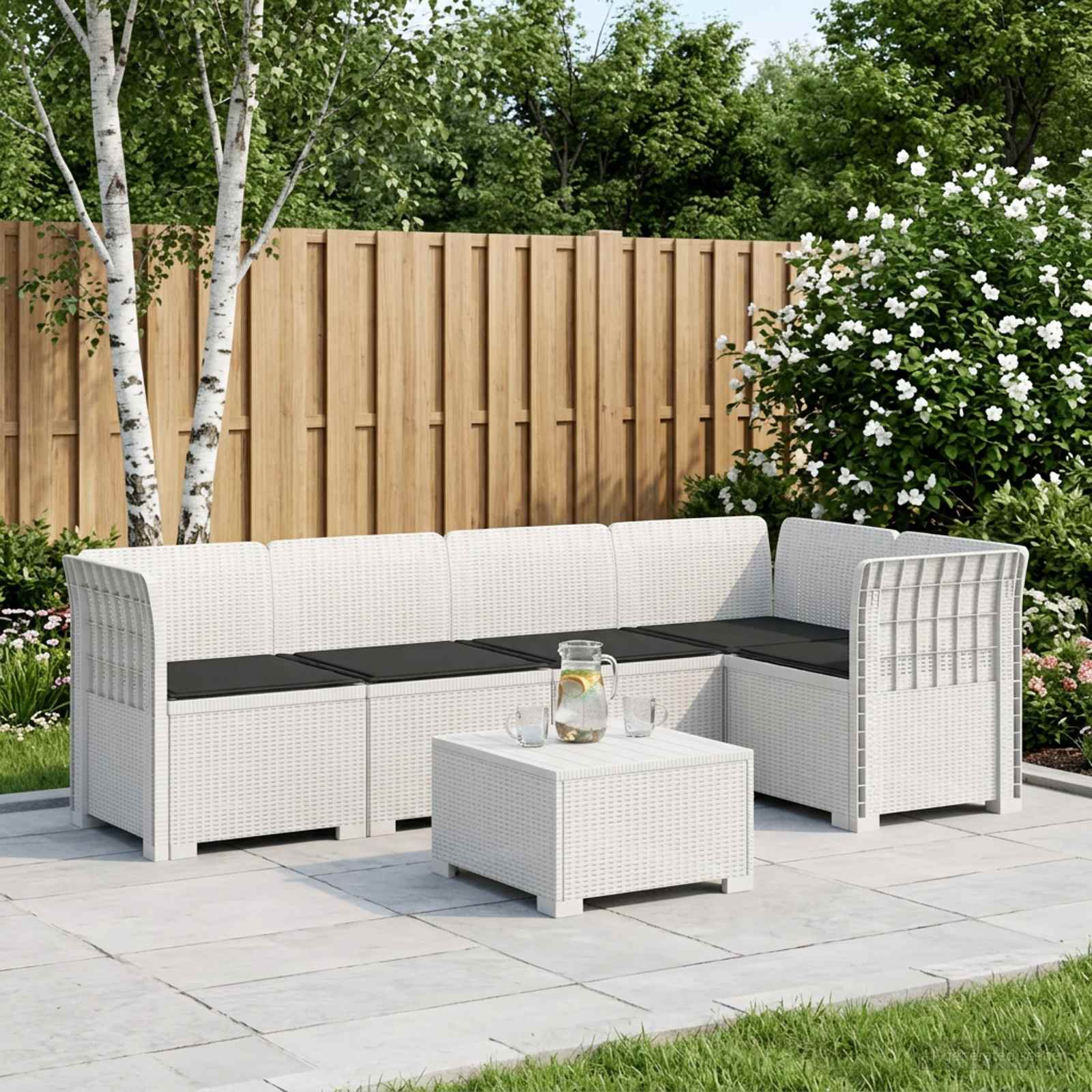 vidaXL 5-Seater Garden Sofa with Cushions Rattan Look PP White 1