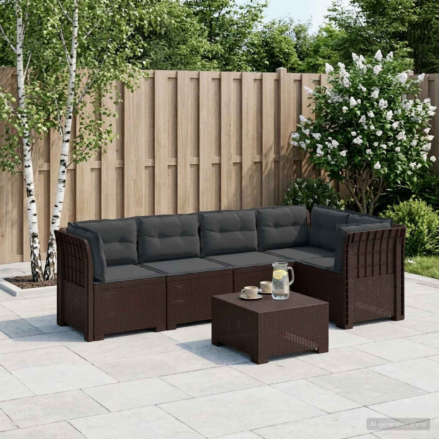 vidaXL 5-Seater Garden Sofa with Cushions Rattan Look PP Brown 1