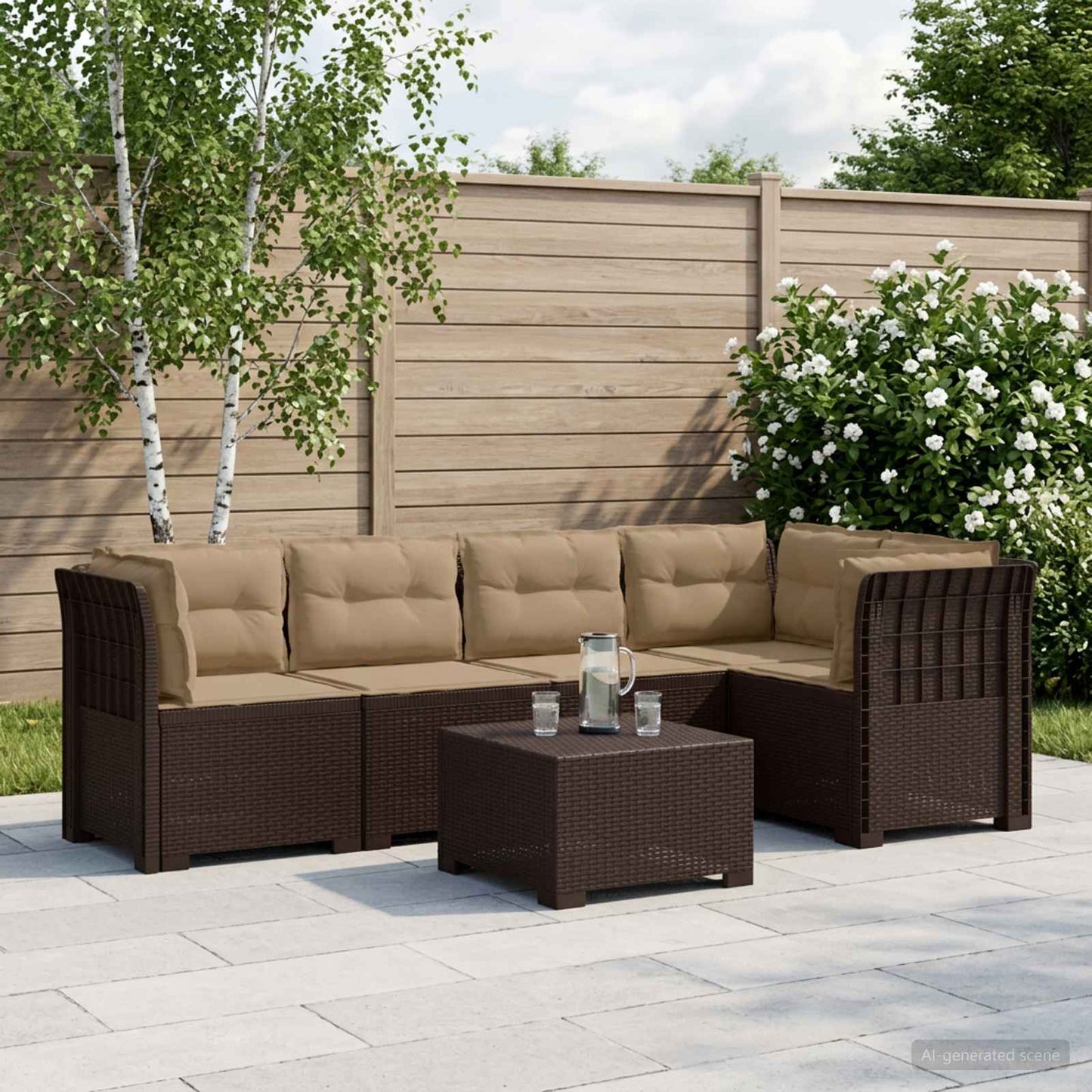 vidaXL 5-Seater Garden Sofa with Cushions Rattan Look PP Brown 1