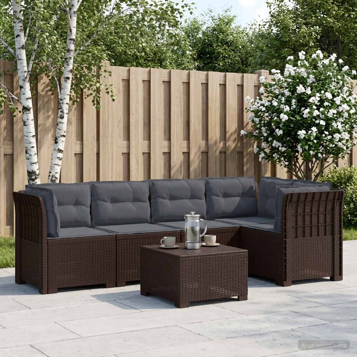 vidaXL 5-Seater Garden Sofa with Cushions Rattan Look PP Brown 1