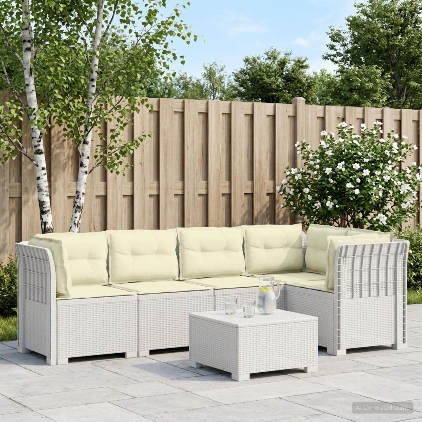 vidaXL 5-Seater Garden Sofa with Cushions Rattan Look PP White 1