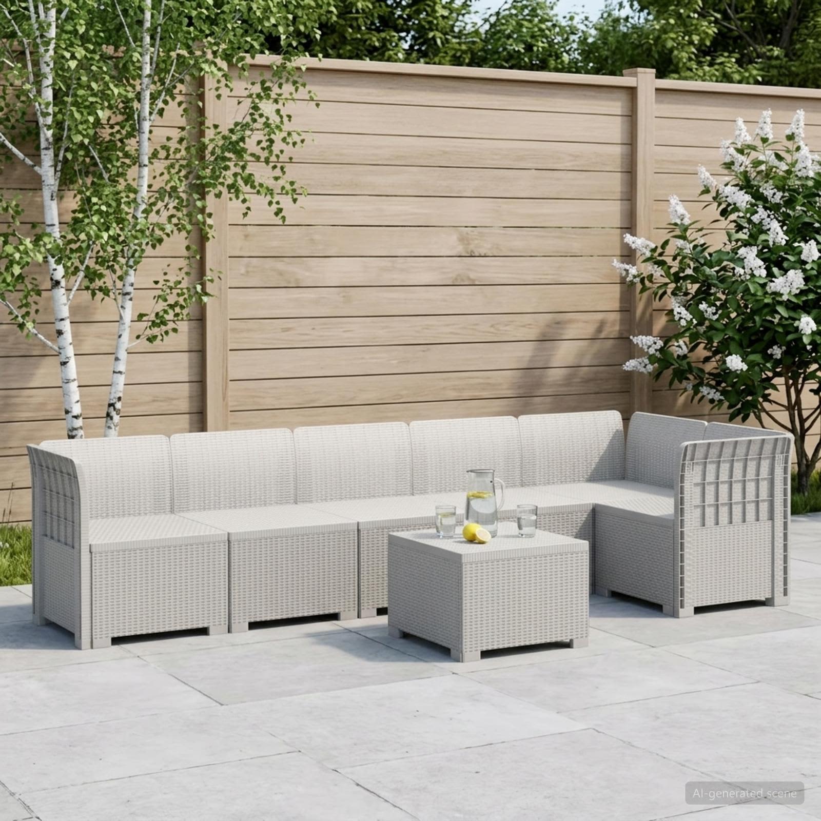 vidaXL 6-Seater Garden Sofa Rattan Look PP White 1