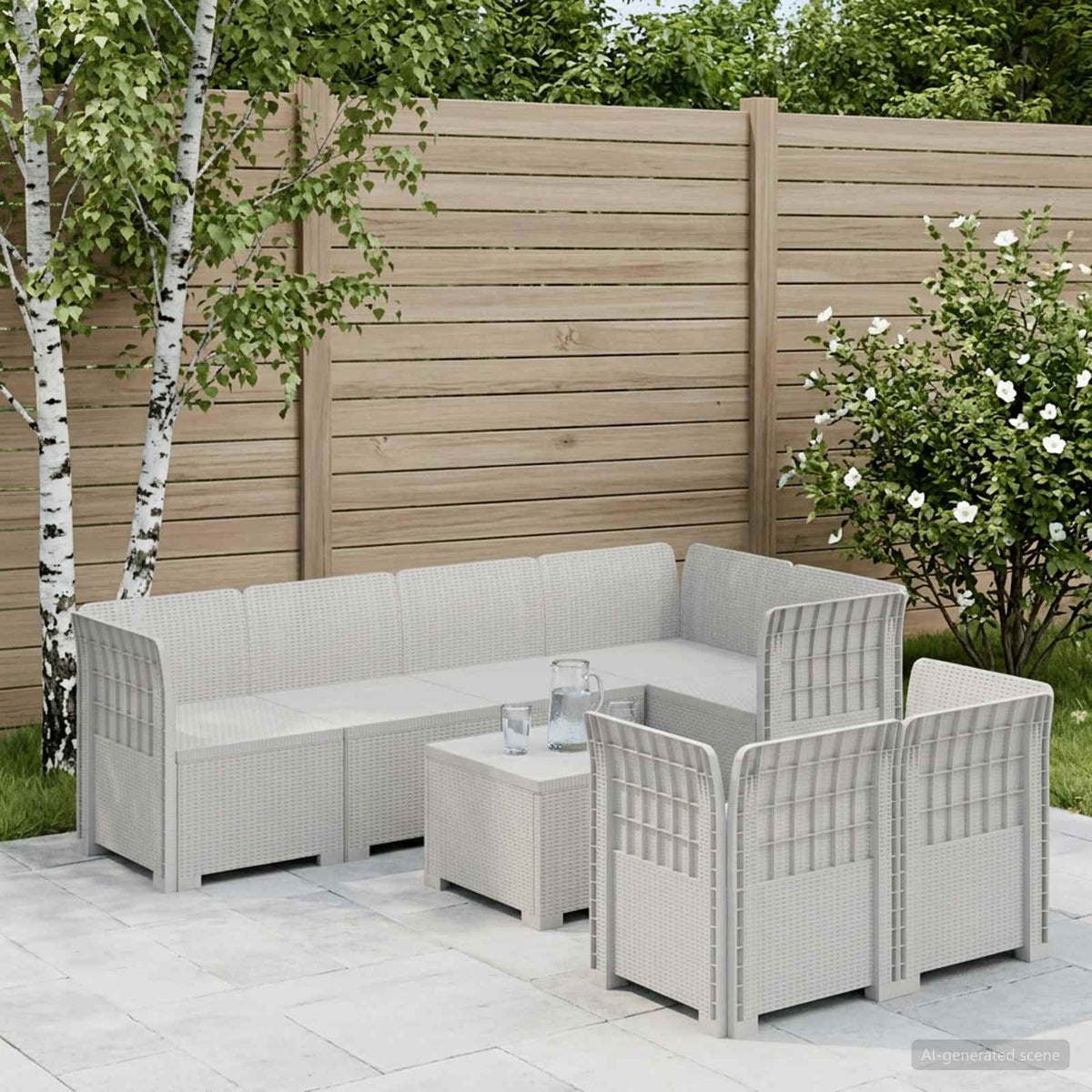 vidaXL 7-Seater Garden Sofa Rattan Look PP White 1