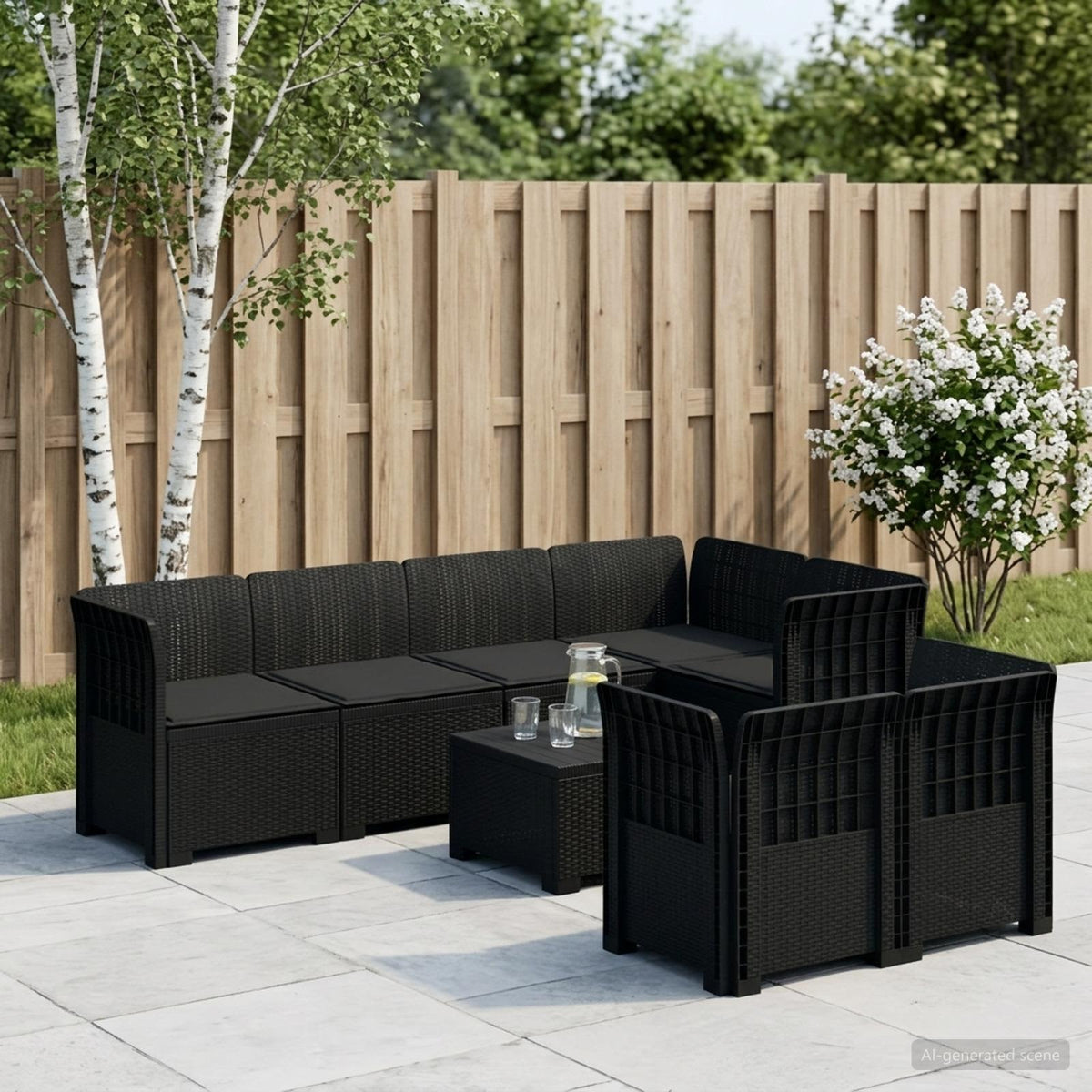 vidaXL 7-Seater Garden Sofa with Cushions Rattan Look PP Anthracite 1