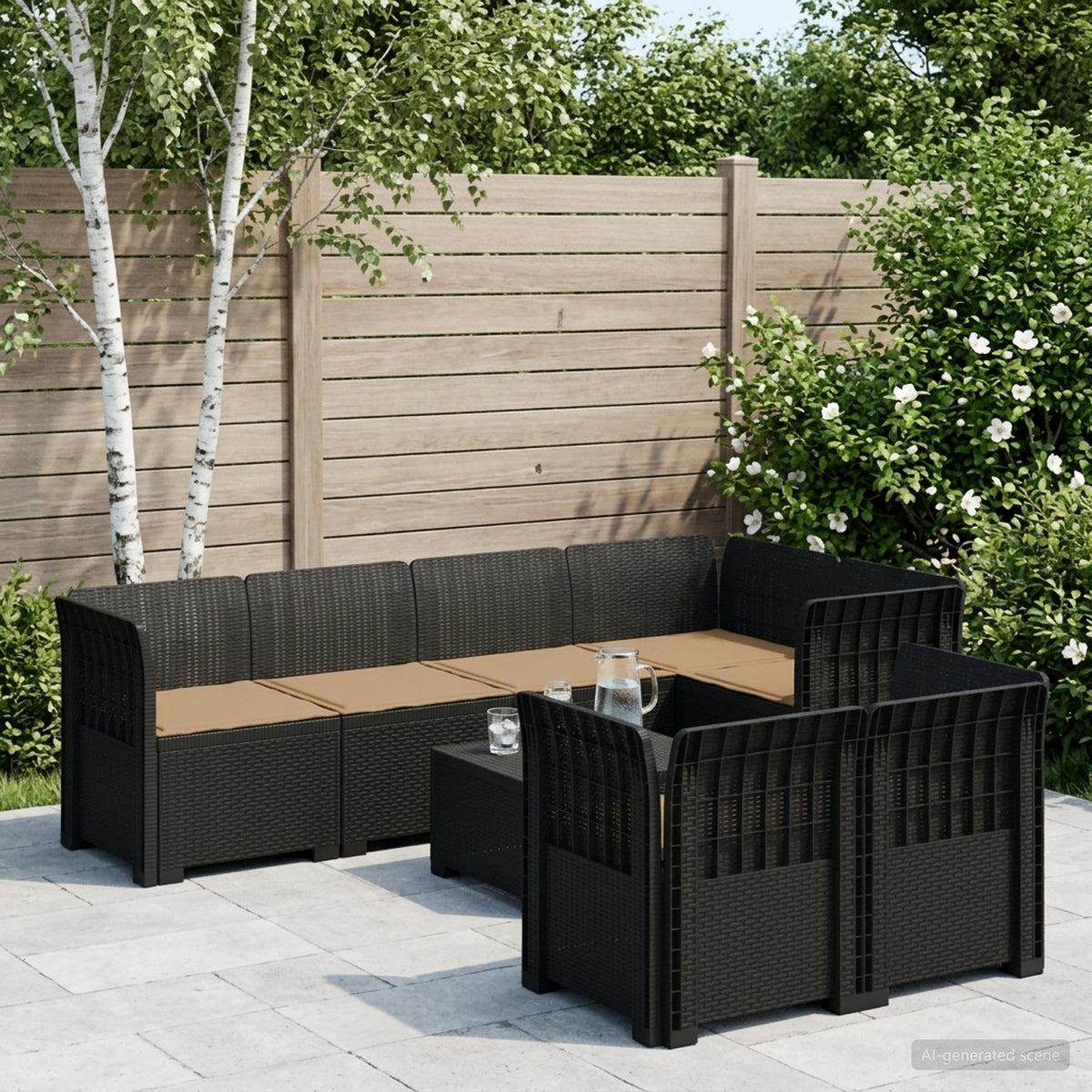 vidaXL 7-Seater Garden Sofa with Cushions Rattan Look PP Anthracite 1