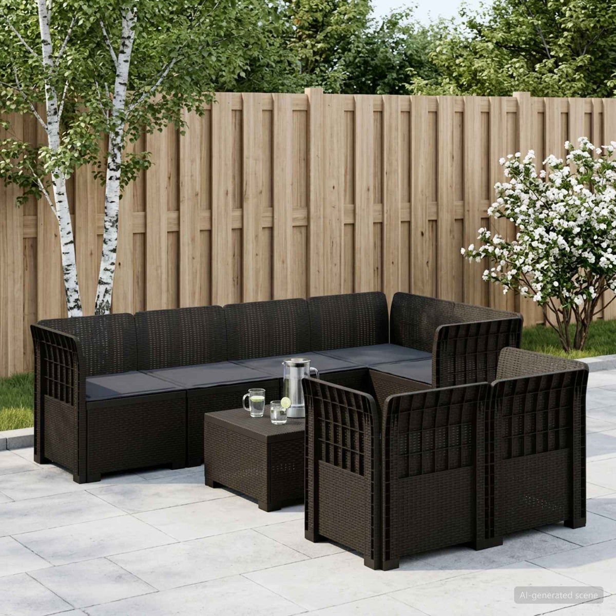 vidaXL 7-Seater Garden Sofa with Cushions Rattan Look PP Anthracite 1