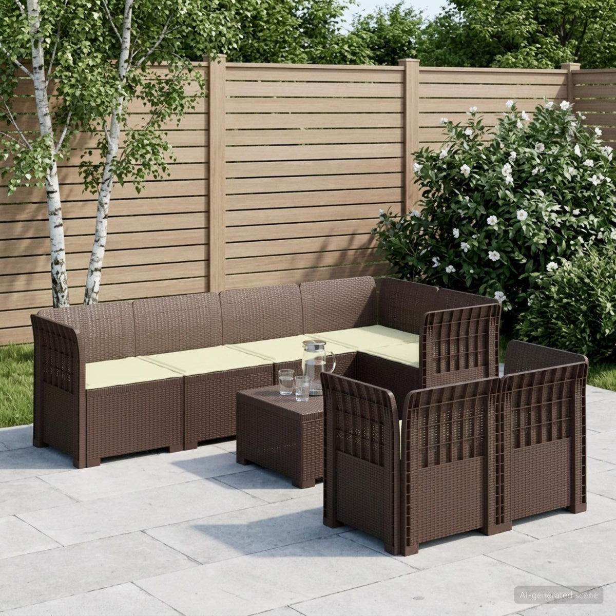 vidaXL 7-Seater Garden Sofa with Cushions Rattan Look PP Brown 1