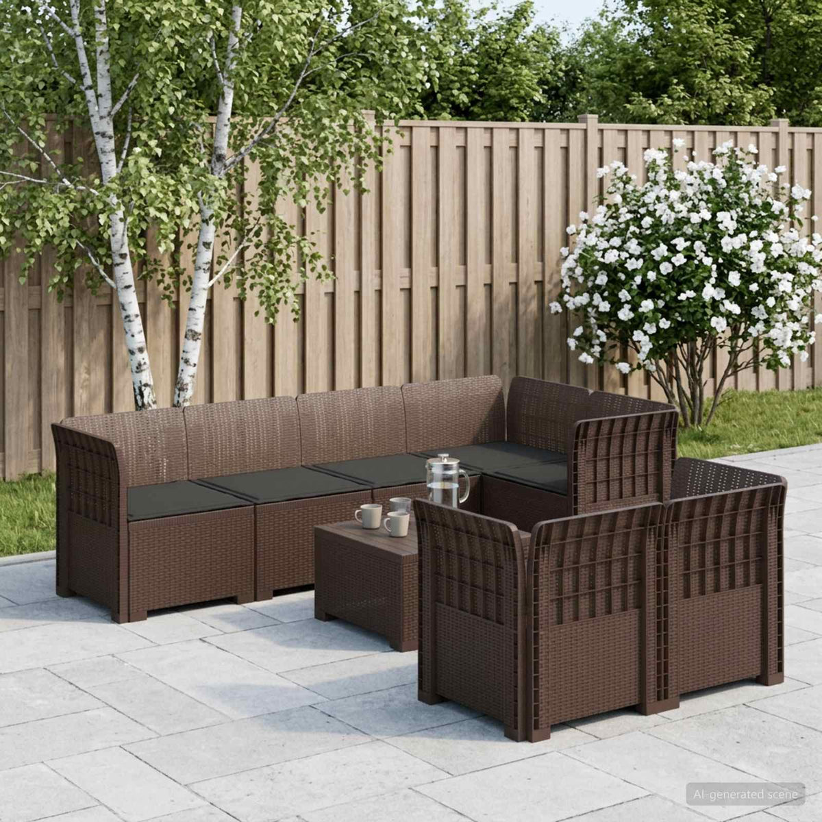 vidaXL 7-Seater Garden Sofa with Cushions Rattan Look PP Brown 1