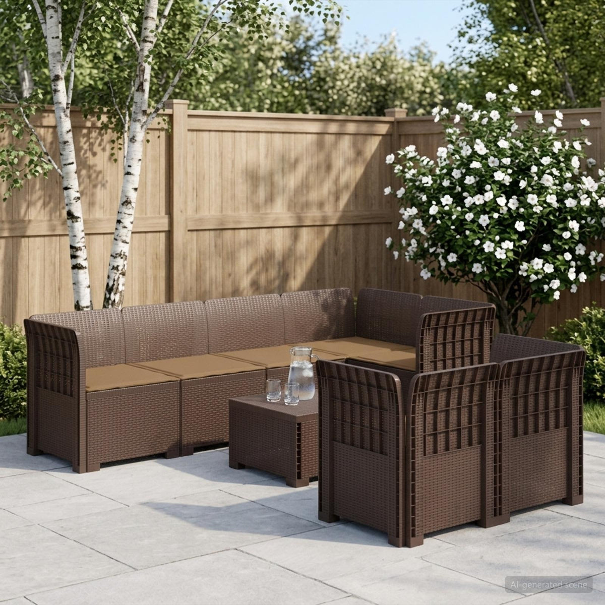 vidaXL 7-Seater Garden Sofa with Cushions Rattan Look PP Brown 1