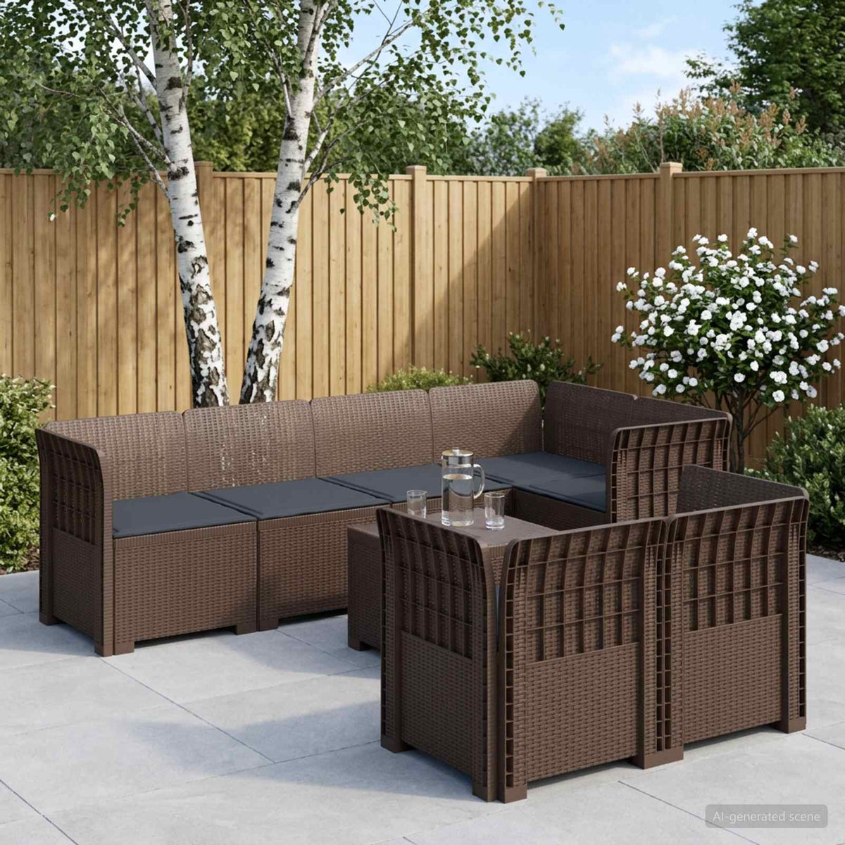 vidaXL 7-Seater Garden Sofa with Cushions Rattan Look PP Brown 1