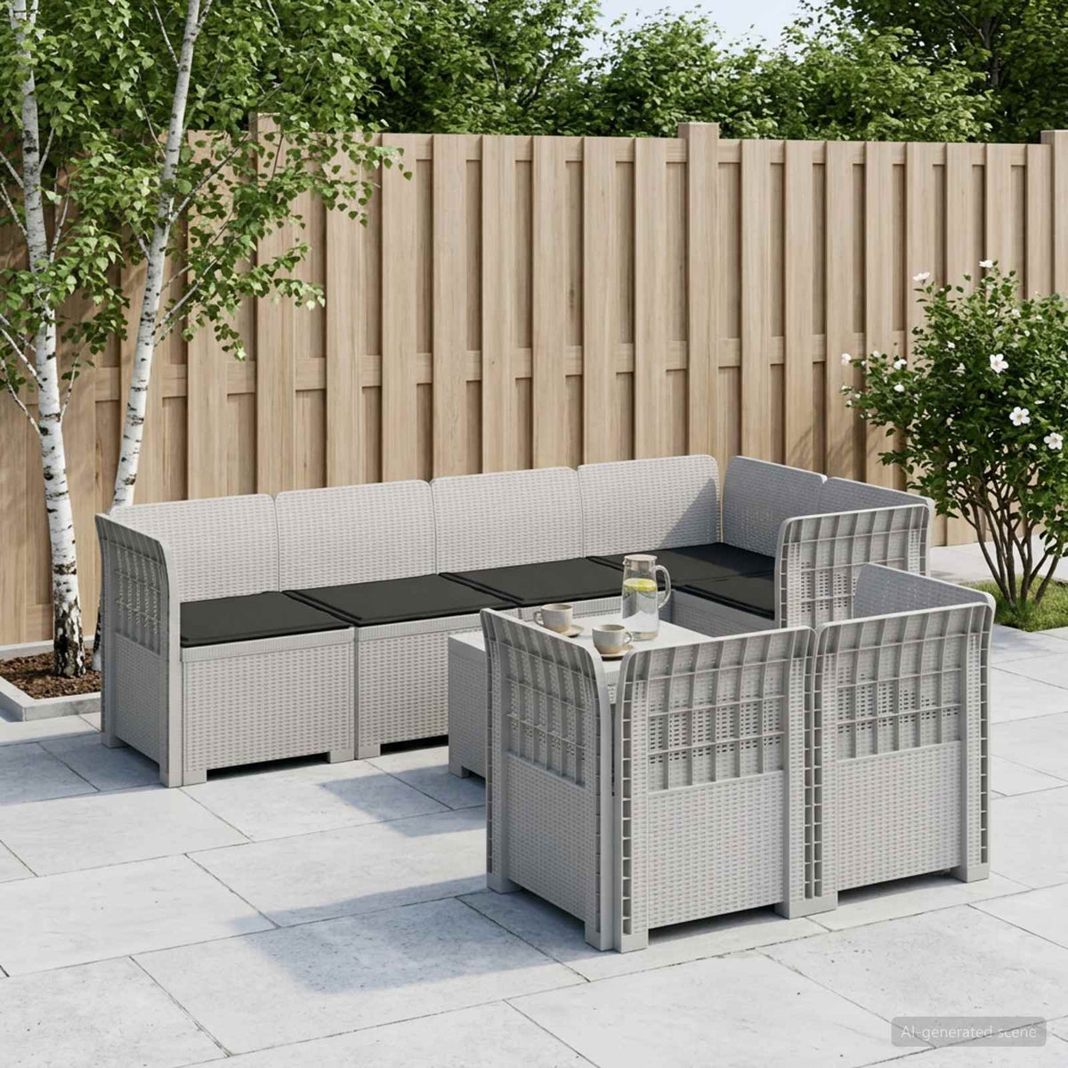 vidaXL 7-Seater Garden Sofa with Cushions Rattan Look PP White 1