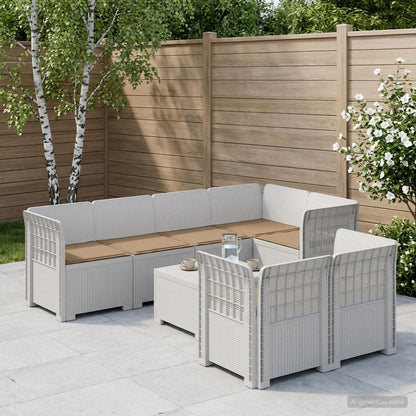 vidaXL 7-Seater Garden Sofa with Cushions Rattan Look PP White 1