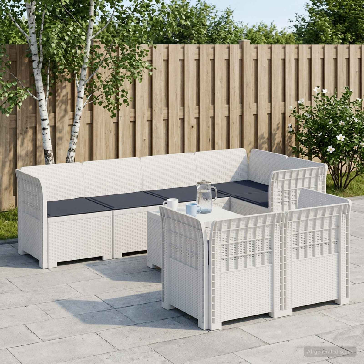 vidaXL 7-Seater Garden Sofa with Cushions Rattan Look PP White 1