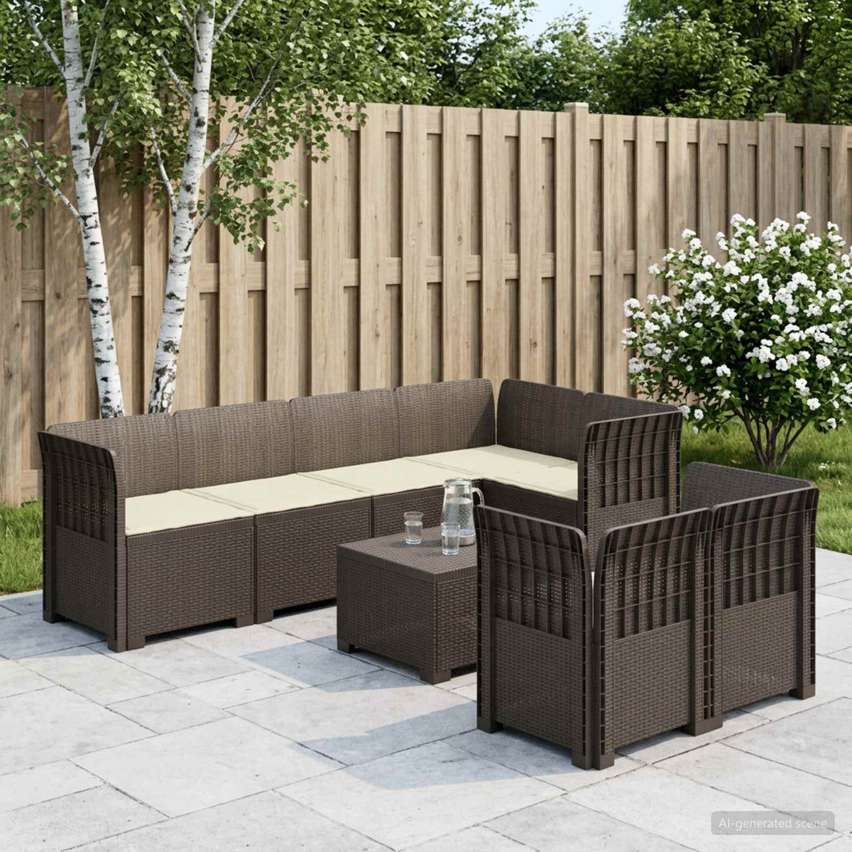 vidaXL 7-Seater Garden Sofa with Cushions Rattan Look PP Light Grey 1
