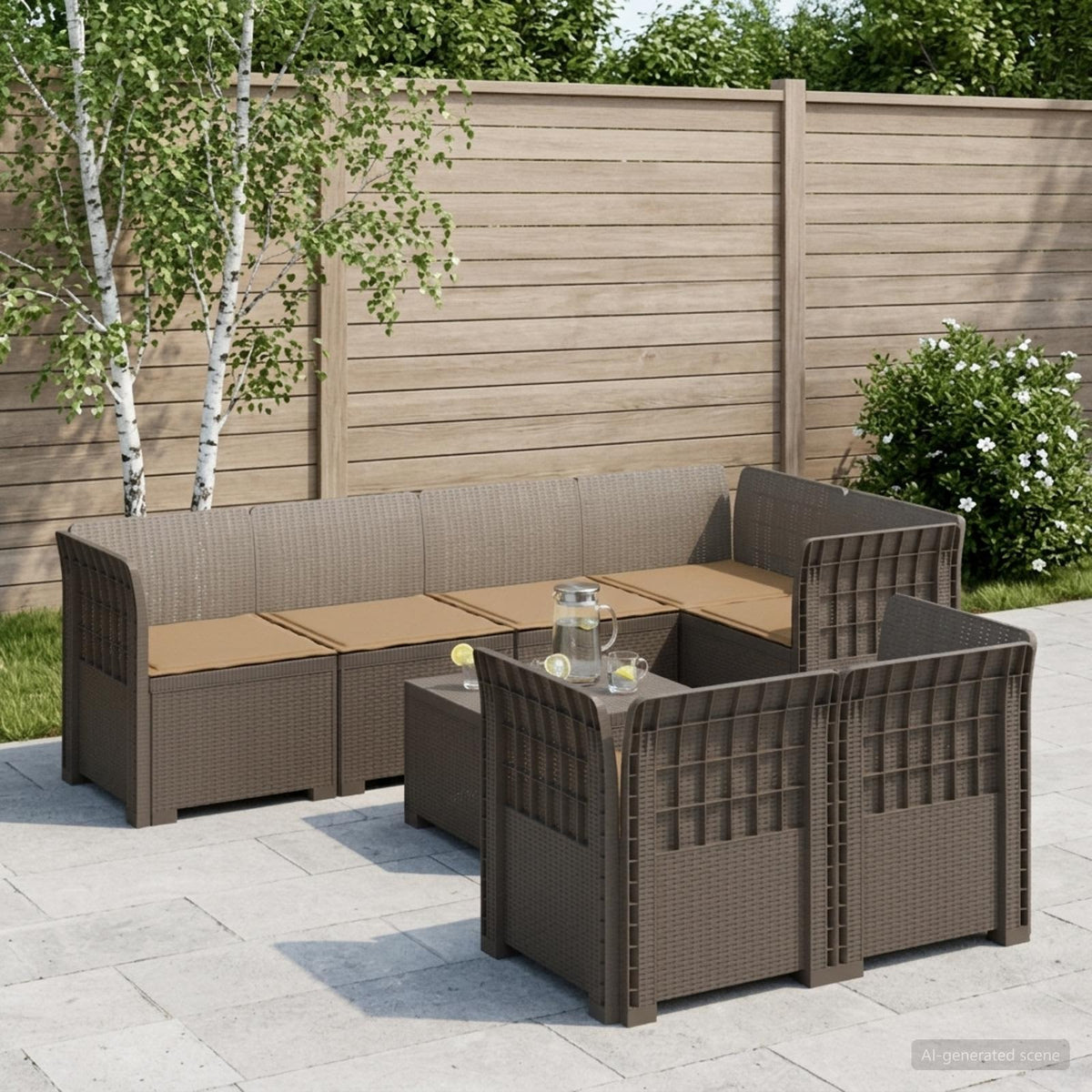 vidaXL 7-Seater Garden Sofa with Cushions Rattan Look PP Light Grey 1