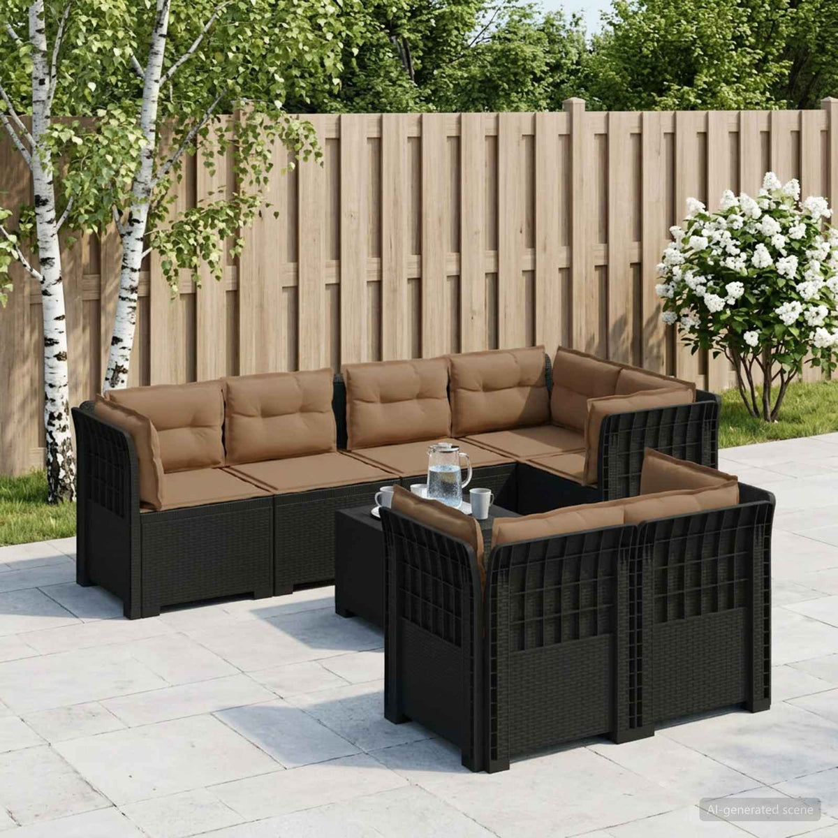 vidaXL 7-Seater Garden Sofa with Cushions Rattan Look PP Anthracite 1