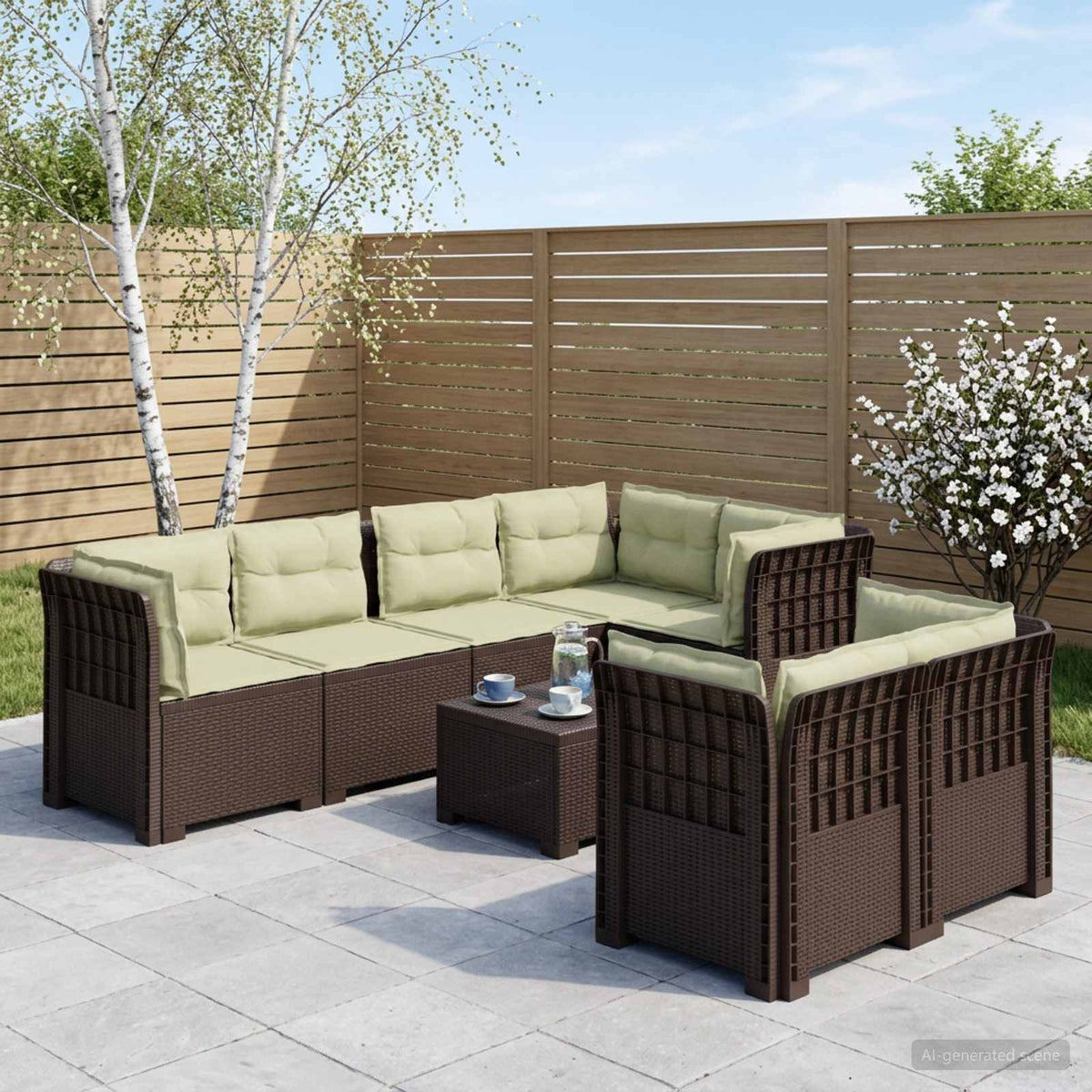 vidaXL 7-Seater Garden Sofa with Cushions Rattan Look PP Brown 1