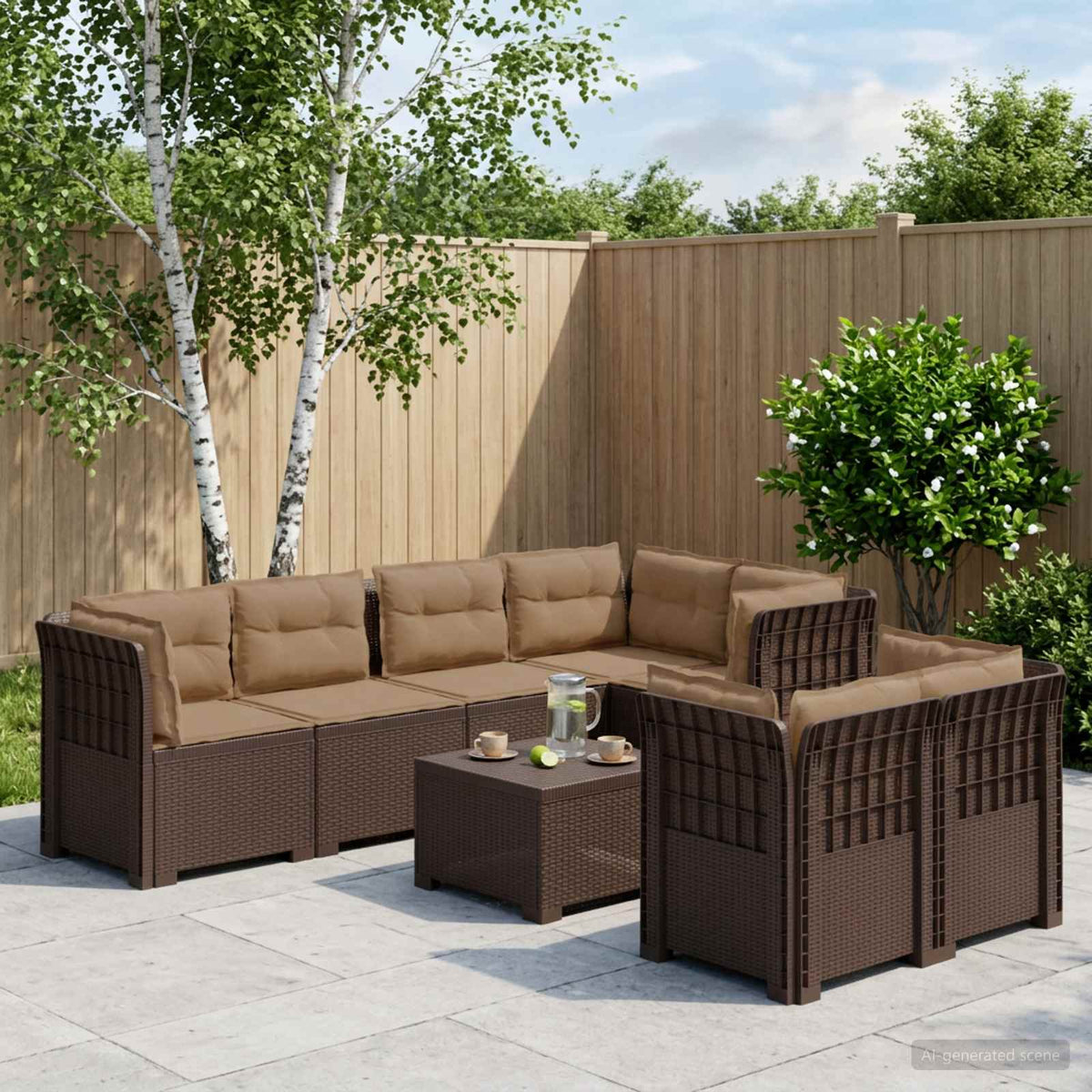 vidaXL 7-Seater Garden Sofa with Cushions Rattan Look PP Brown 1