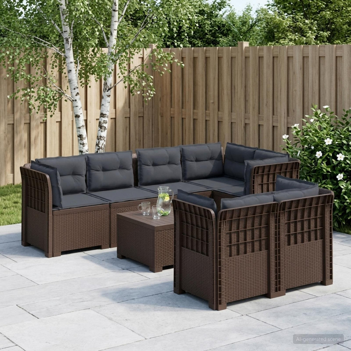 vidaXL 7-Seater Garden Sofa with Cushions Rattan Look PP Brown 1