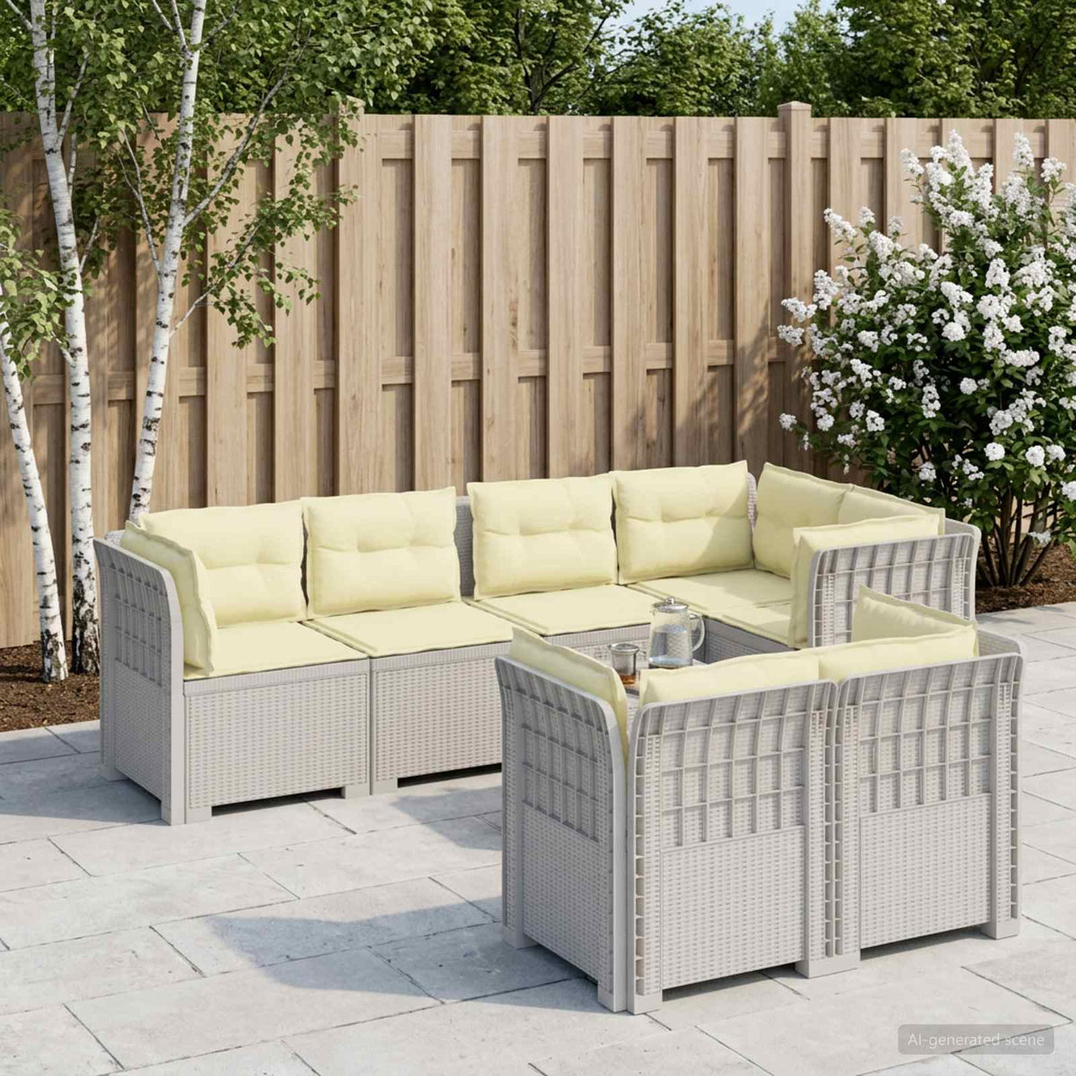vidaXL 7-Seater Garden Sofa with Cushions Rattan Look PP White 1
