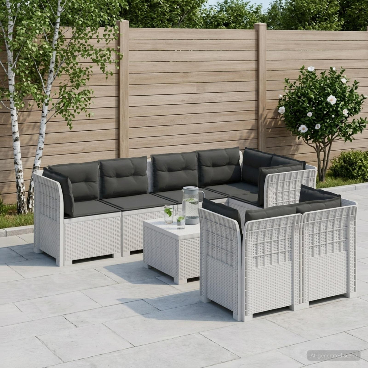 vidaXL 7-Seater Garden Sofa with Cushions Rattan Look PP White 1