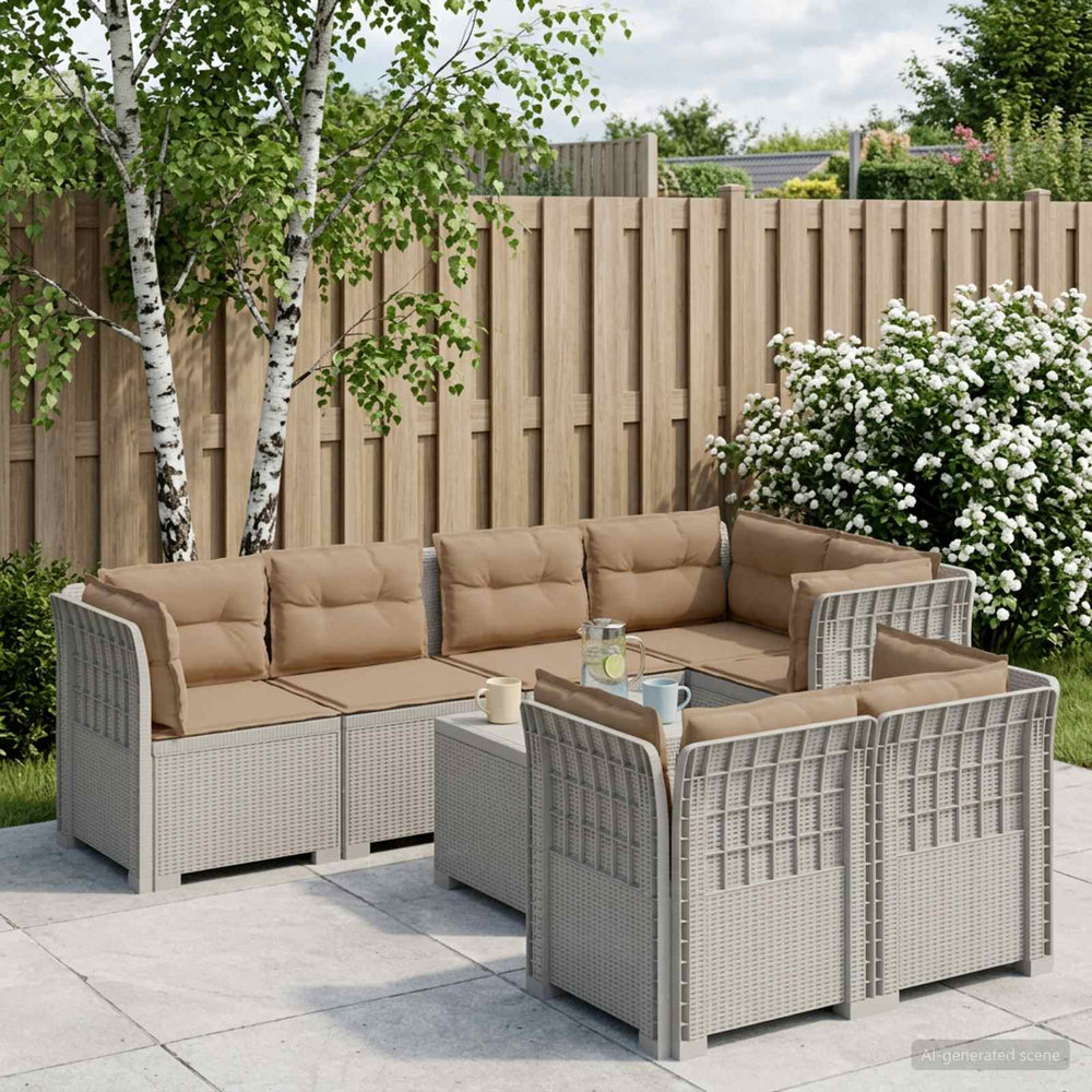 vidaXL 7-Seater Garden Sofa with Cushions Rattan Look PP White