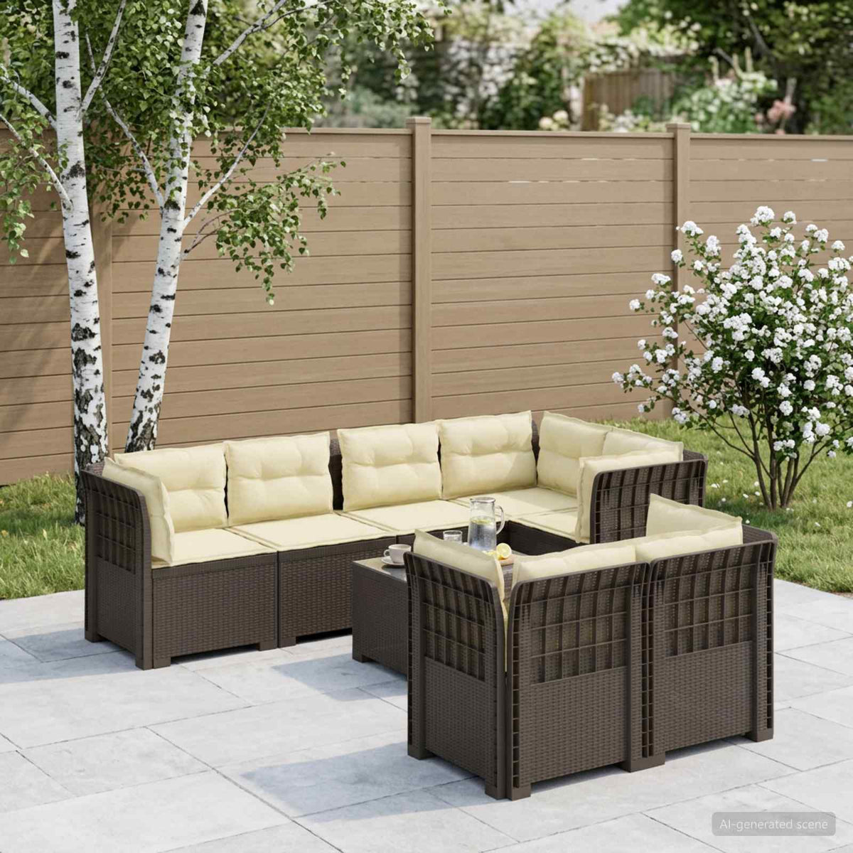 vidaXL 7-Seater Garden Sofa with Cushions Rattan Look PP Light Grey 1