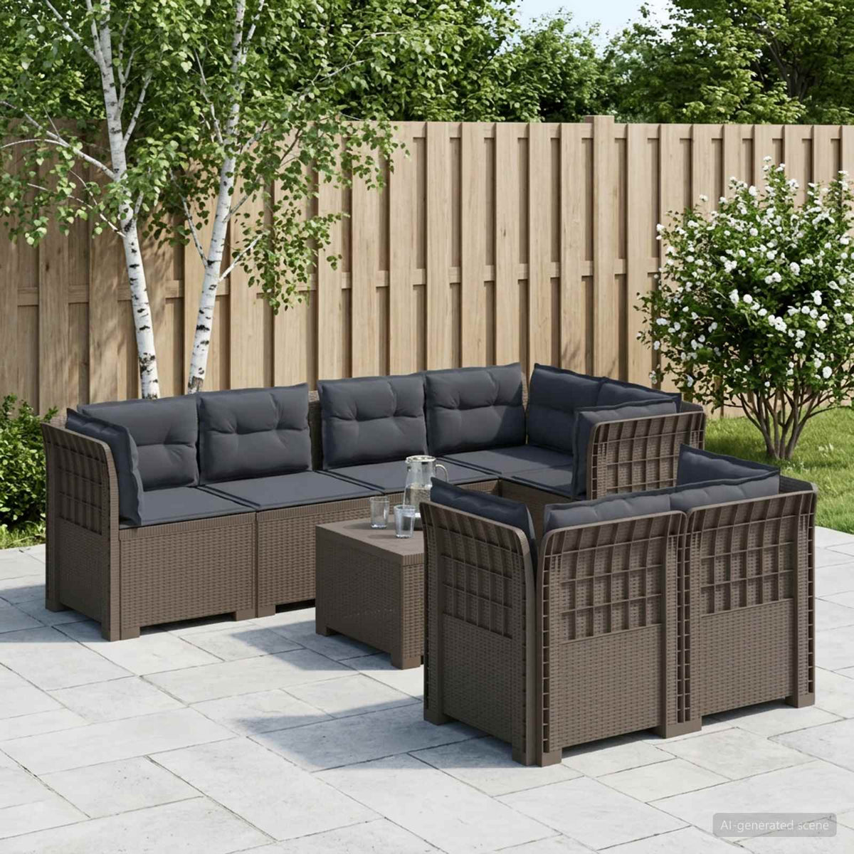 vidaXL 7-Seater Garden Sofa with Cushions Rattan Look PP Light Grey 1