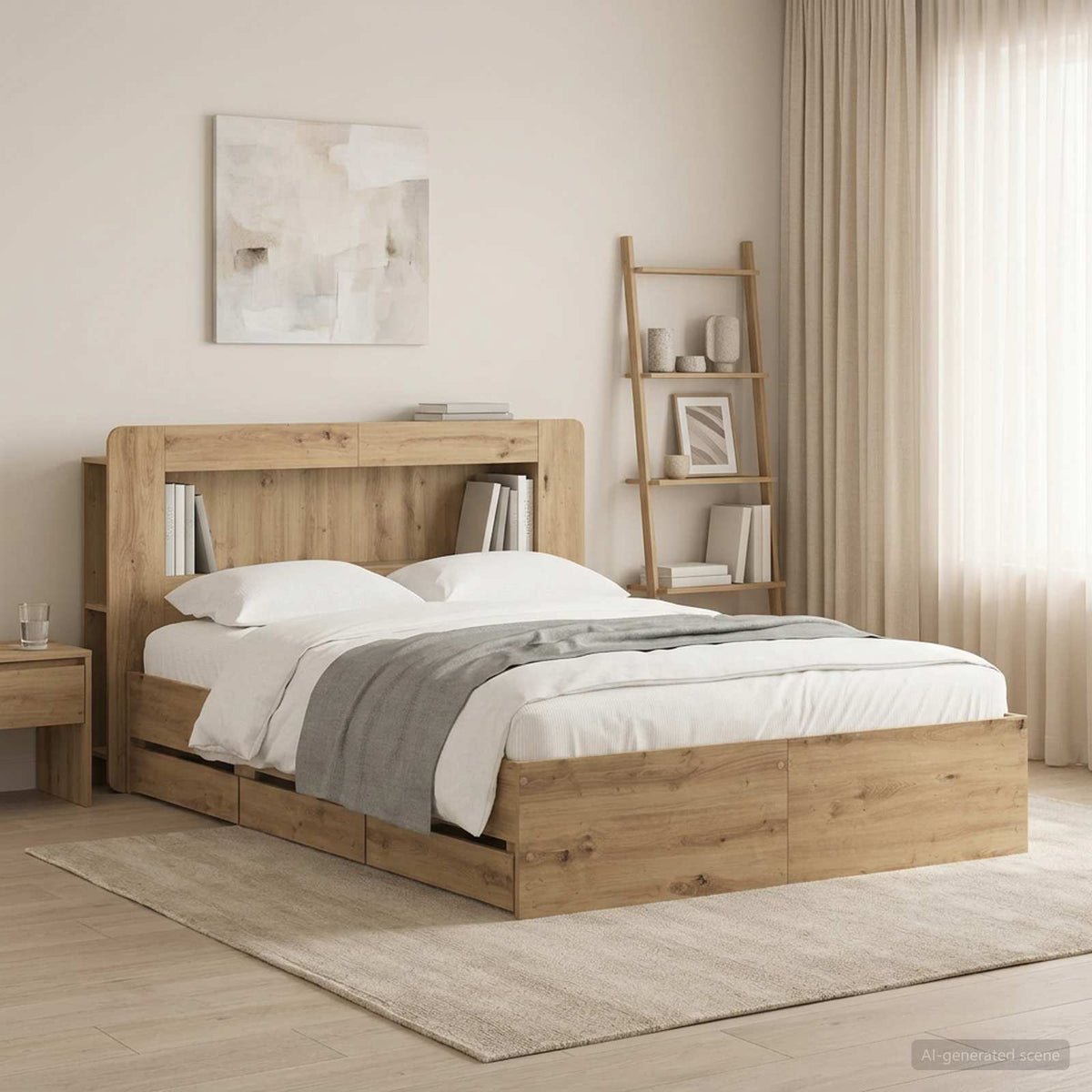 Bed Frame with Storage and Headboard Length 190 cm with Centre Shelf Artisan oak 140 cm