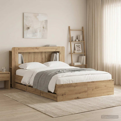 Bed Frame with Storage and Headboard Length 190 cm with Centre Shelf Artisan oak 140 cm