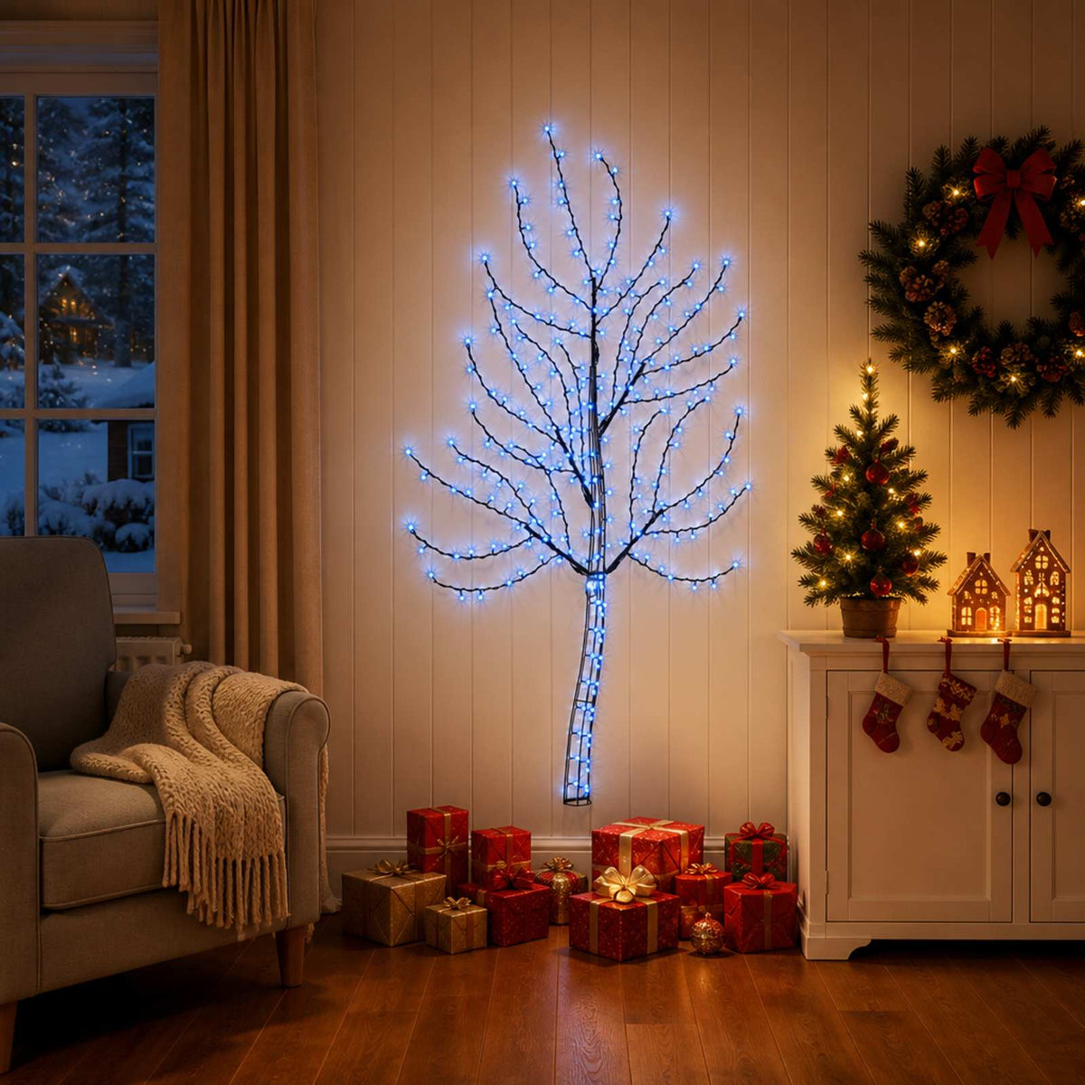 LED Wall Christmas Tree 140 LEDs Steel Black 150 cm Blue