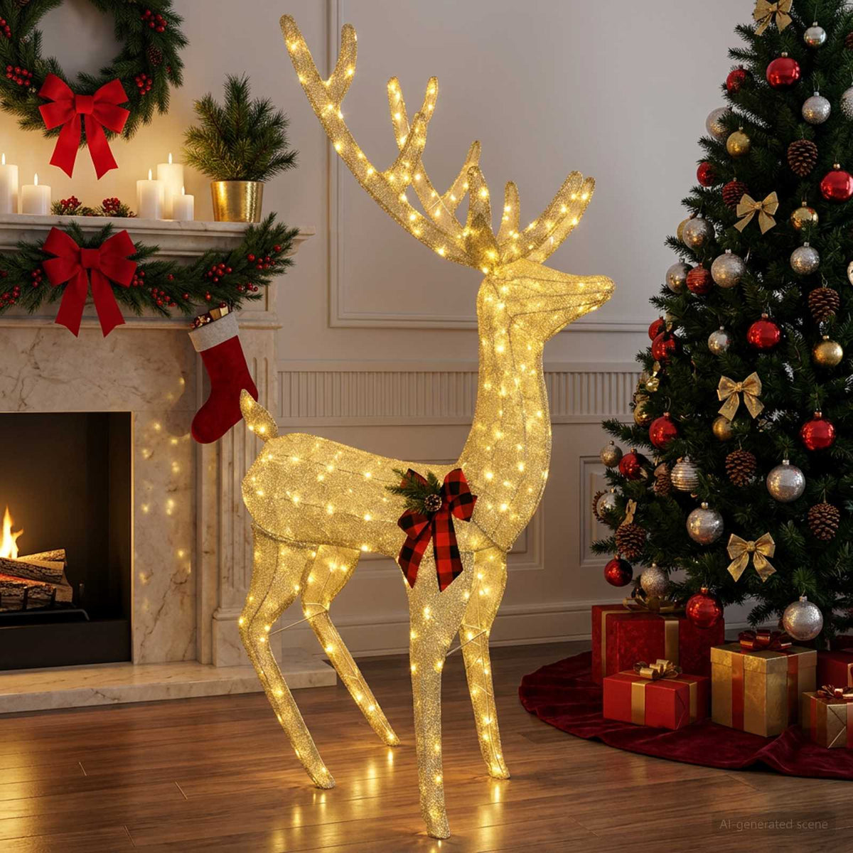 3D Christmas Reindeer LOVIISA 250 LEDs Warm White Height 180 cm 96 cm 40 cm Gold fabric