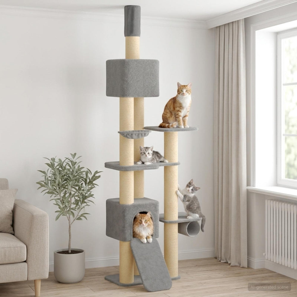 vidaXL Floor-to-Ceiling Cat Tree with Sisal Post Light Grey 257-283 cm