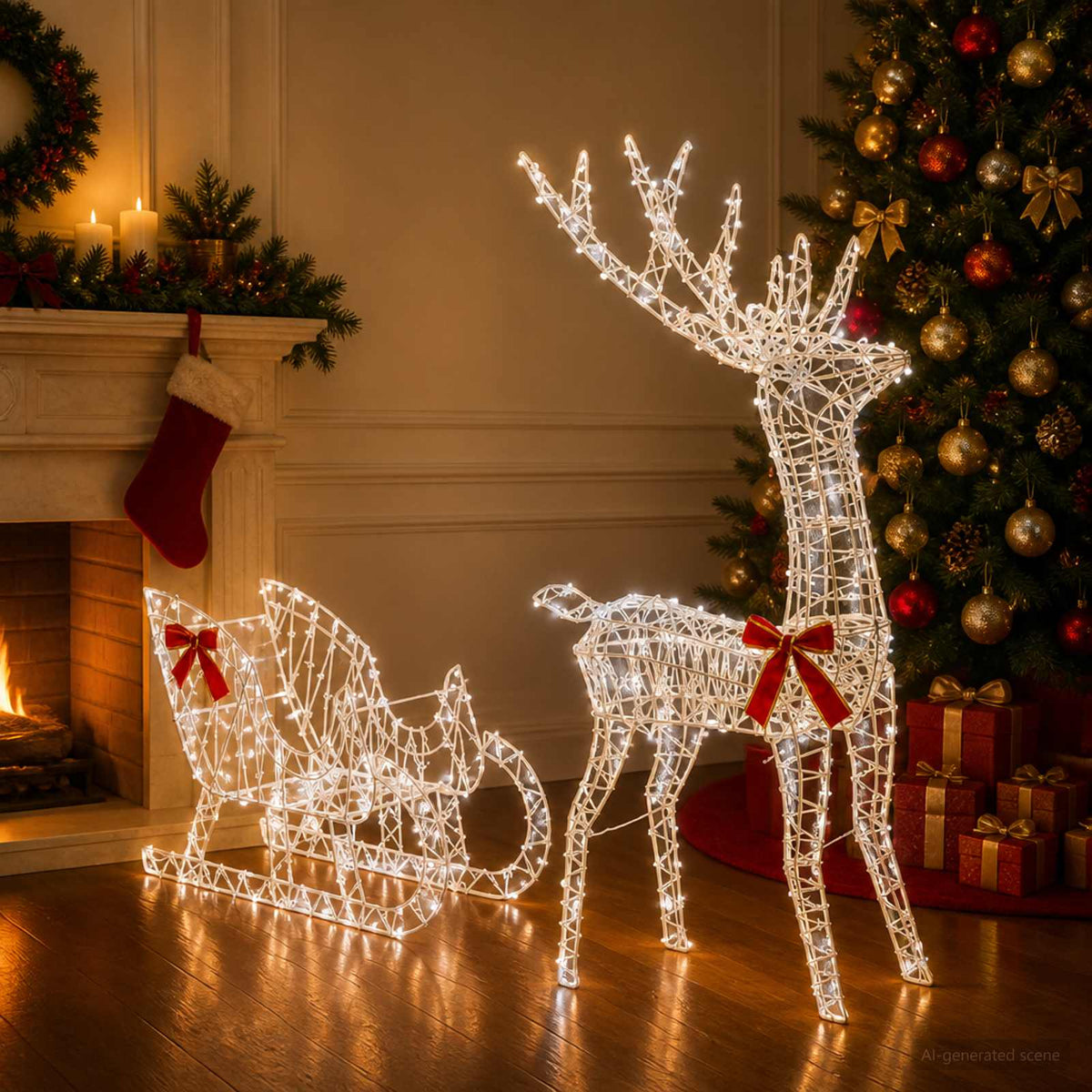 Reindeer Pull Sleigh LOVIISA 2 pcs 200 LEDs Warm White Transparent string