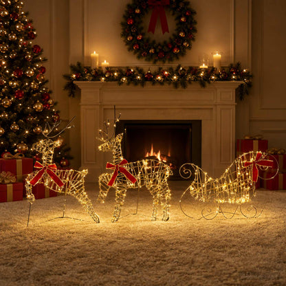 Christmas Reindeer with sleigh 60 LEDs Warm White Rattan 3