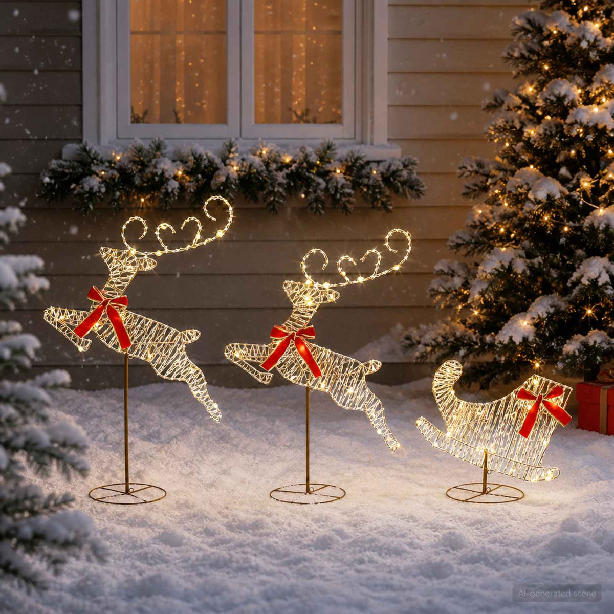 Christmas Reindeer with Sleigh 3 pcs 72 LEDs Warm White Gold PET
