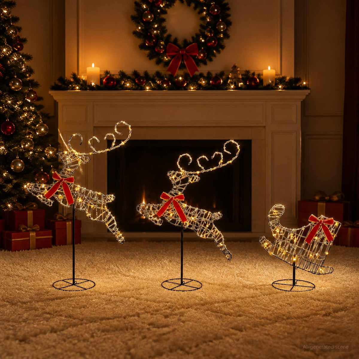 Christmas Reindeer with Sleigh 3 pcs 72 LEDs Warm White Rattan
