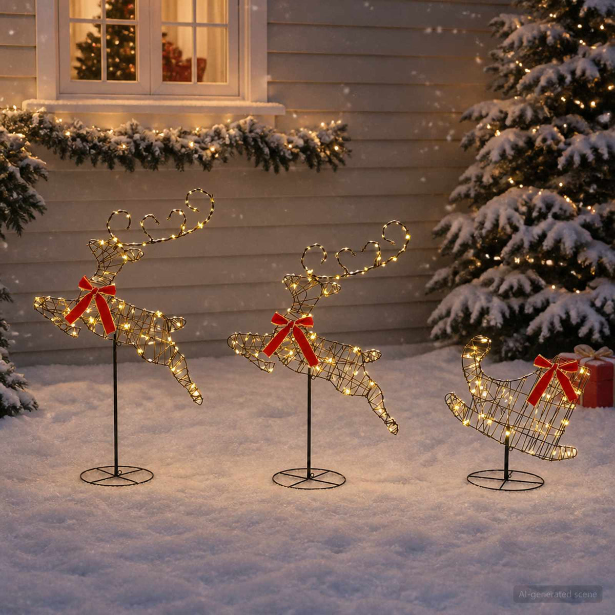 Christmas Reindeer with Sleigh 3 pcs 72 LEDs Warm White Rattan