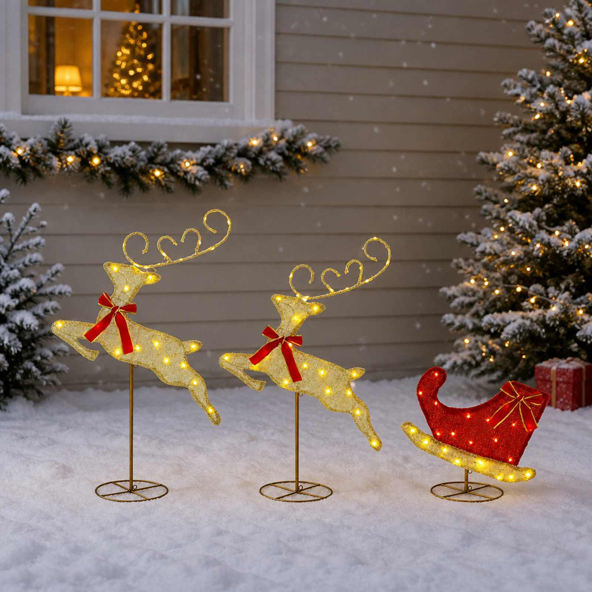 Christmas Reindeer with Sleigh 3 pcs 72 LEDs Warm White Gold fabric