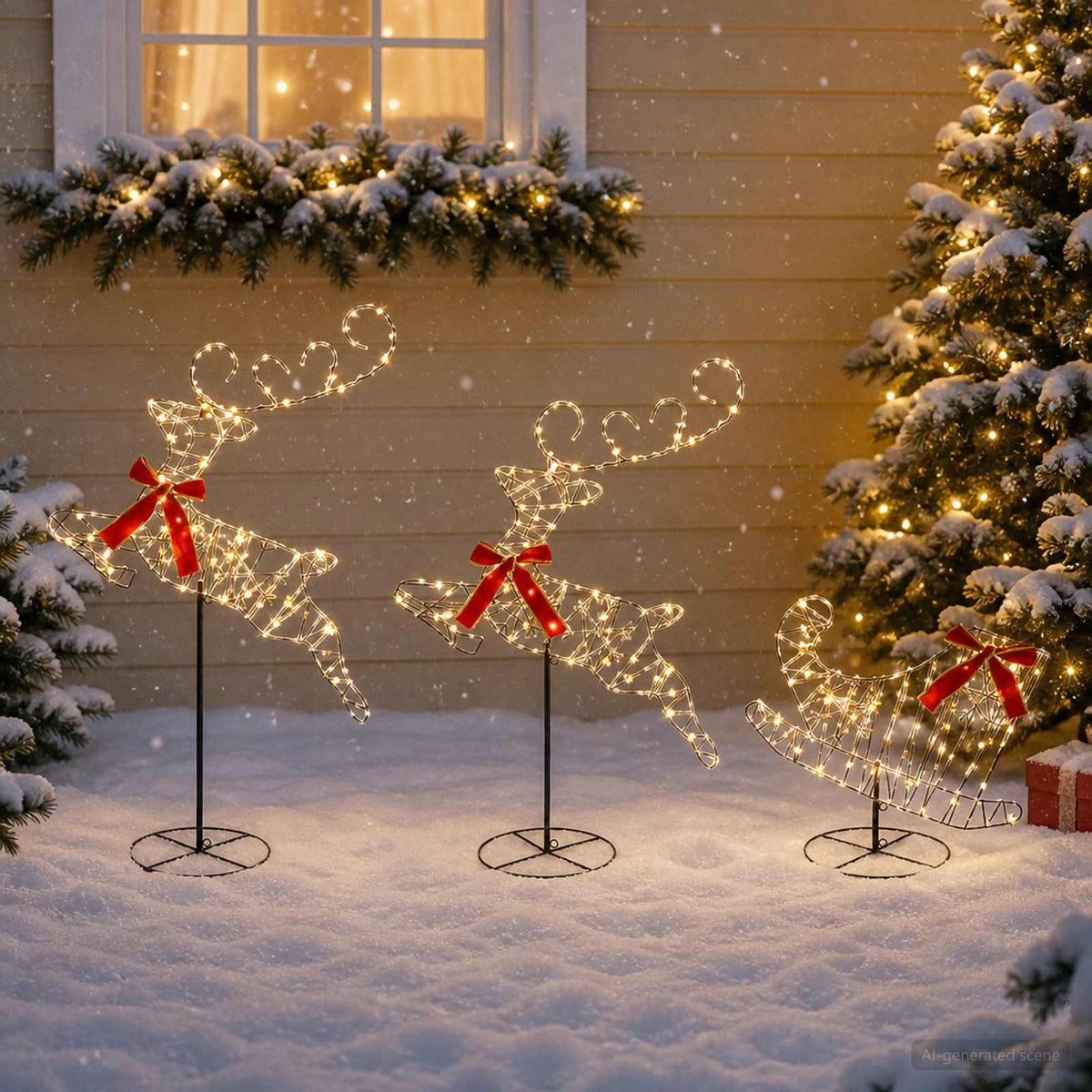 Christmas Reindeer with Sleigh 3 pcs 72 LEDs Warm White Brown string