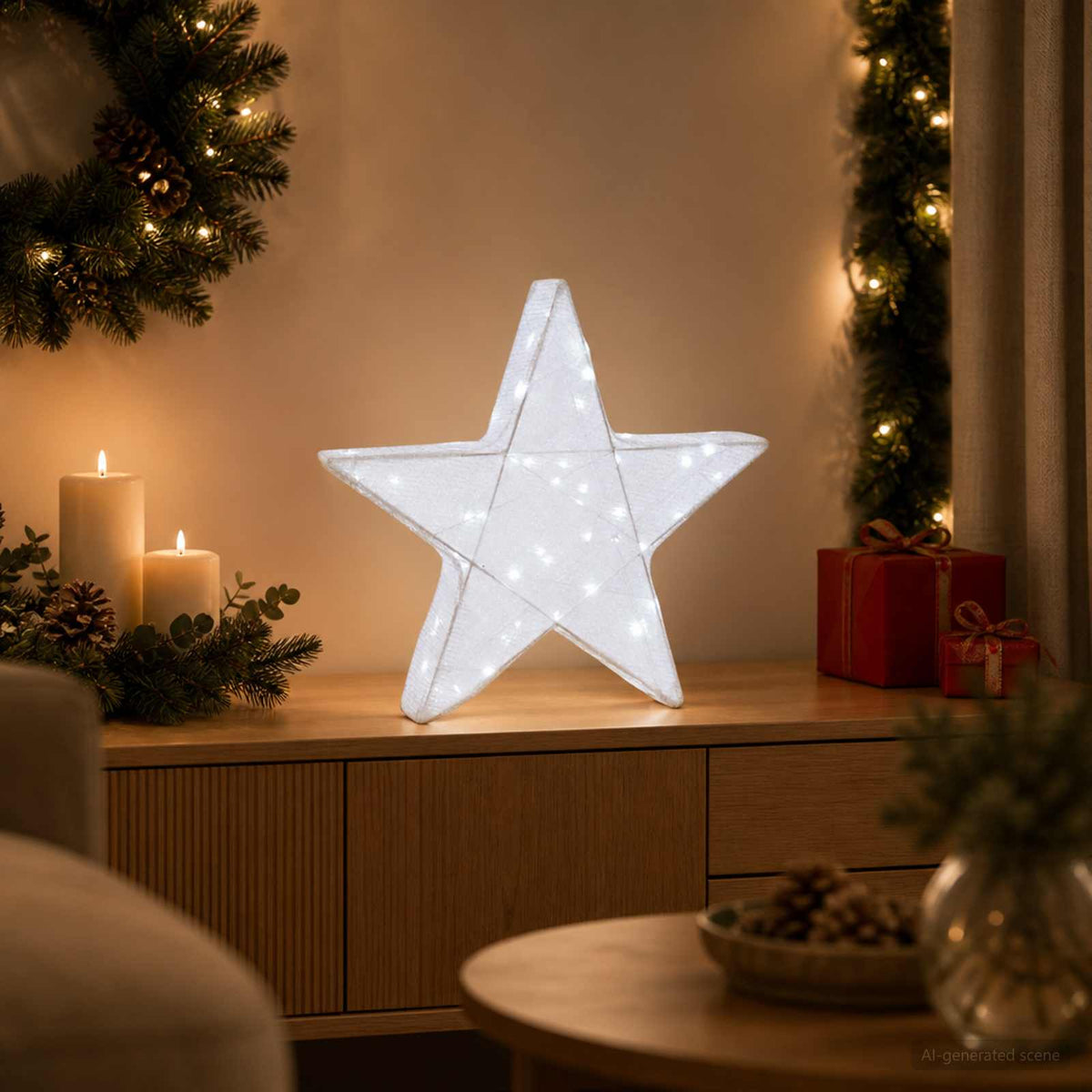 3D Christmas Star Warm White 55 x 52.5 x 10 cm White fabric