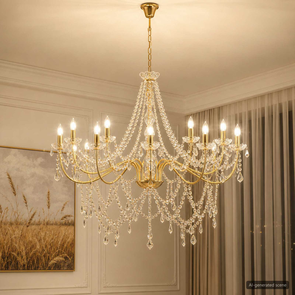 Chandelier with Beads 12 x E14 Bulbs Gold Ø 115 x 142 cm
