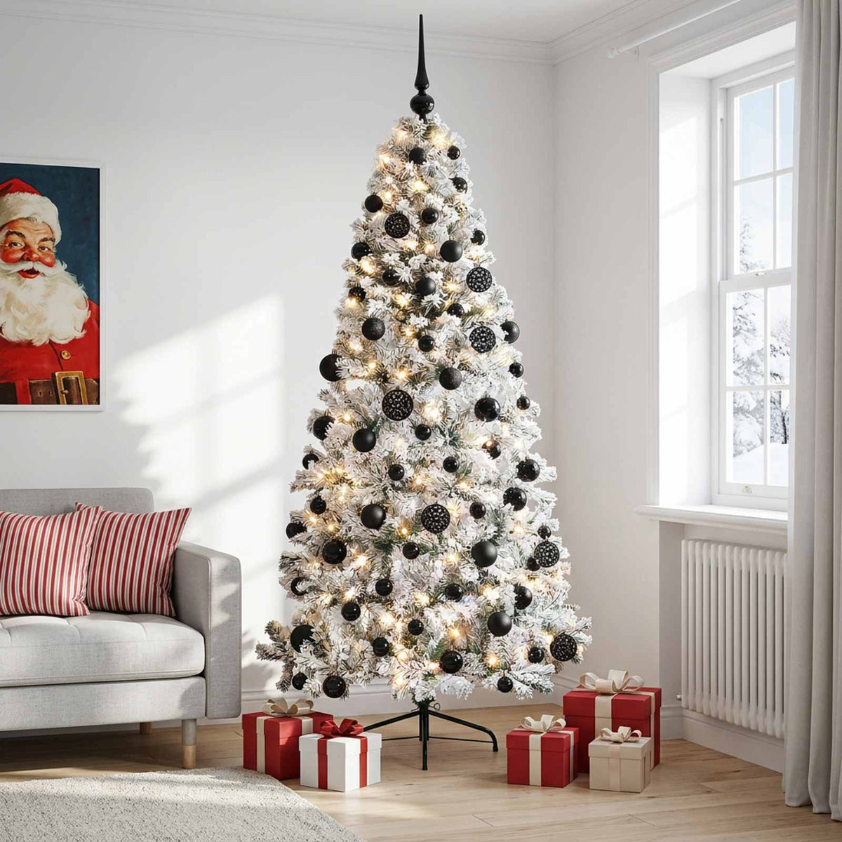 Artificial Christmas Tree with Bauble 300 LEDs 210 cm with LEDs & black balls