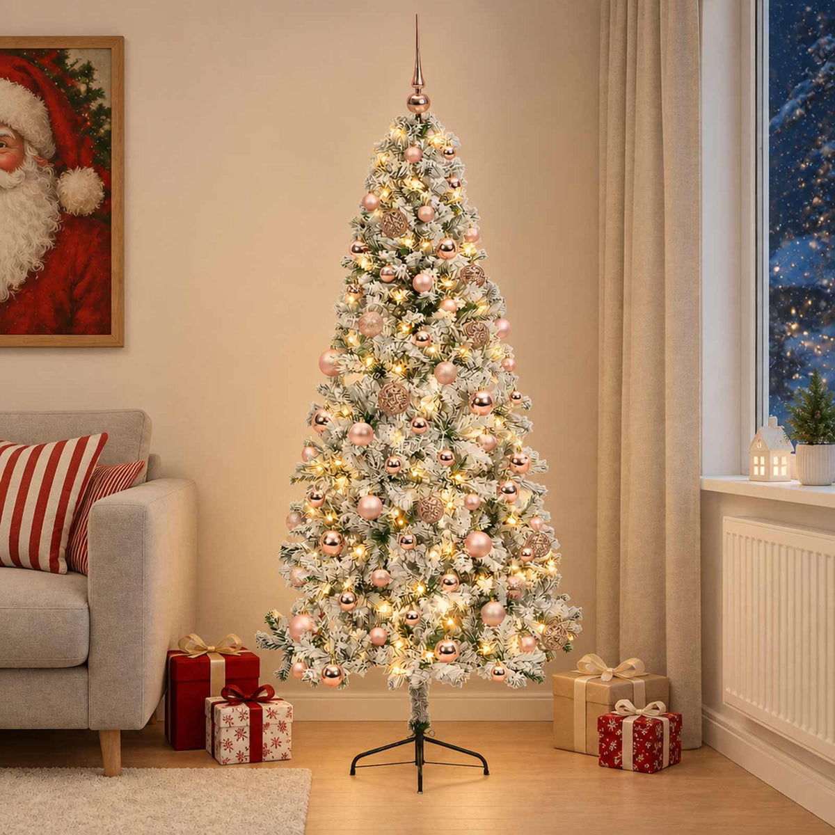Artificial Christmas Tree with Bauble 300 LEDs 210 cm with LEDs & pink balls